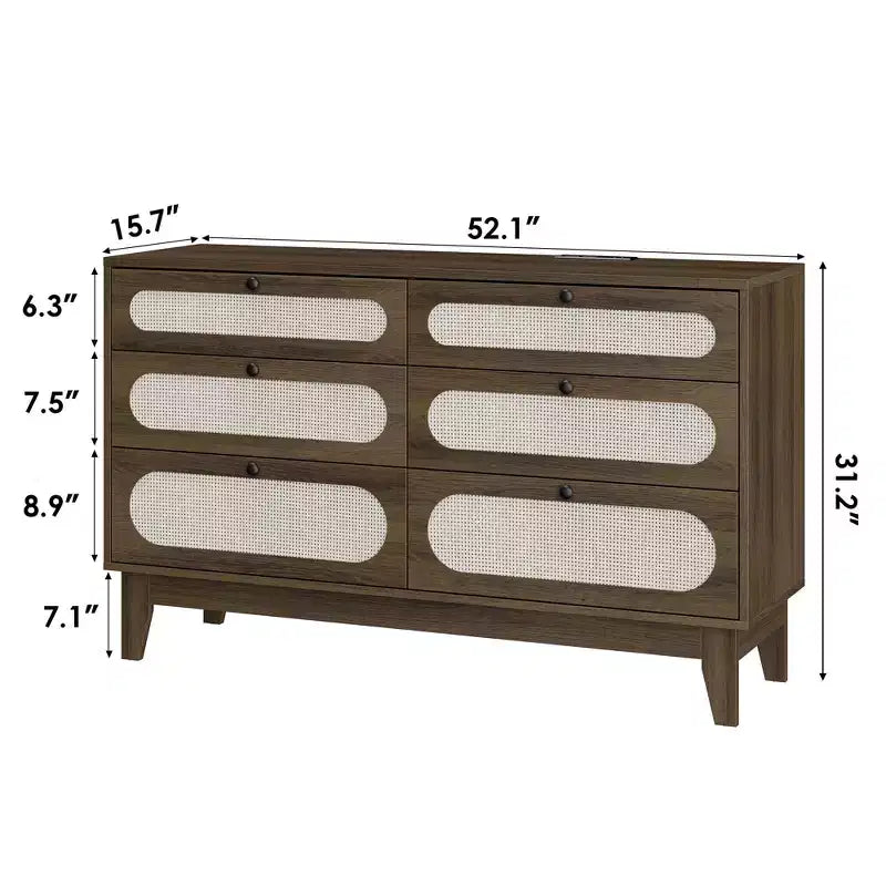 Cassettiera a 6 cassetti in rattan naturale con porte USB, Singola