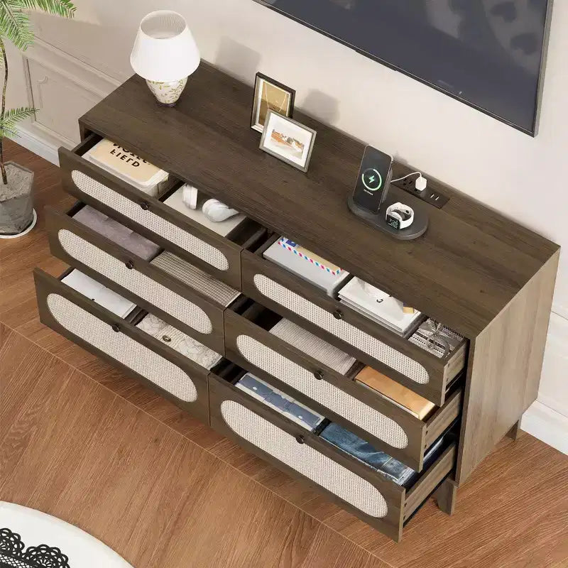 Cassettiera a 6 cassetti in rattan naturale con porte USB, Singola