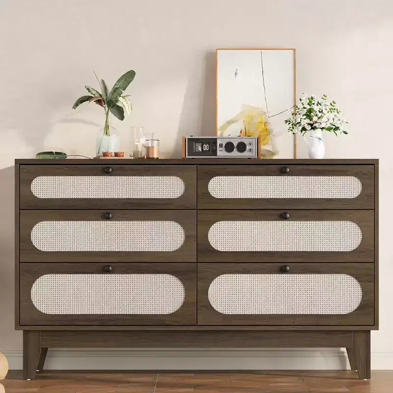 Cassettiera a 6 cassetti in rattan naturale con porte USB, Singola