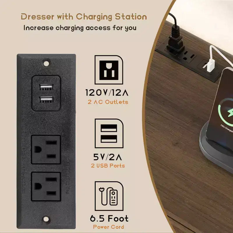 Cassettiera a 6 cassetti in rattan naturale con porte USB, Singola