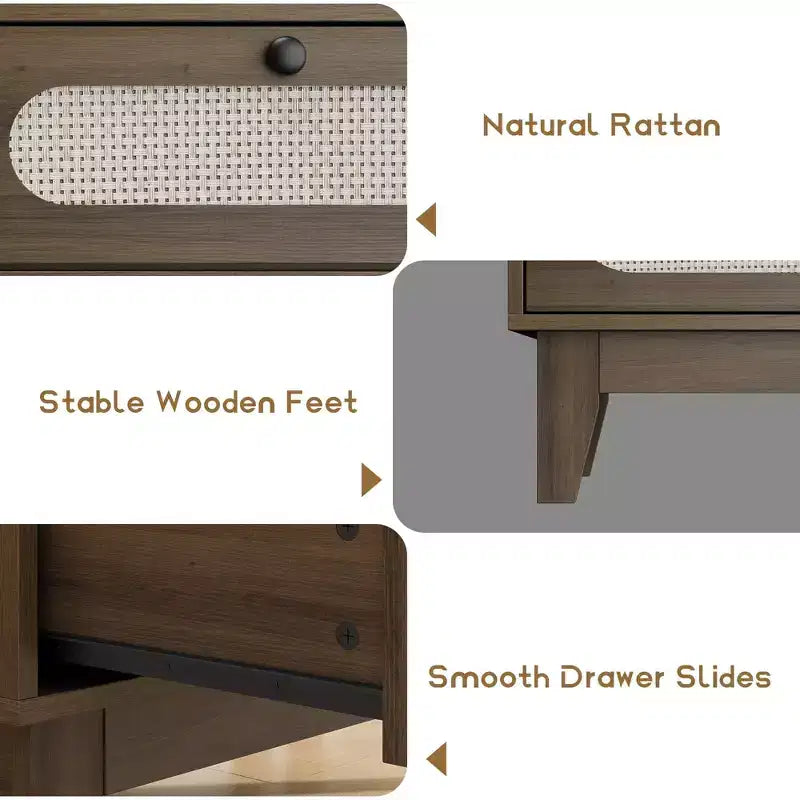 Cassettiera a 6 cassetti in rattan naturale con porte USB, Singola
