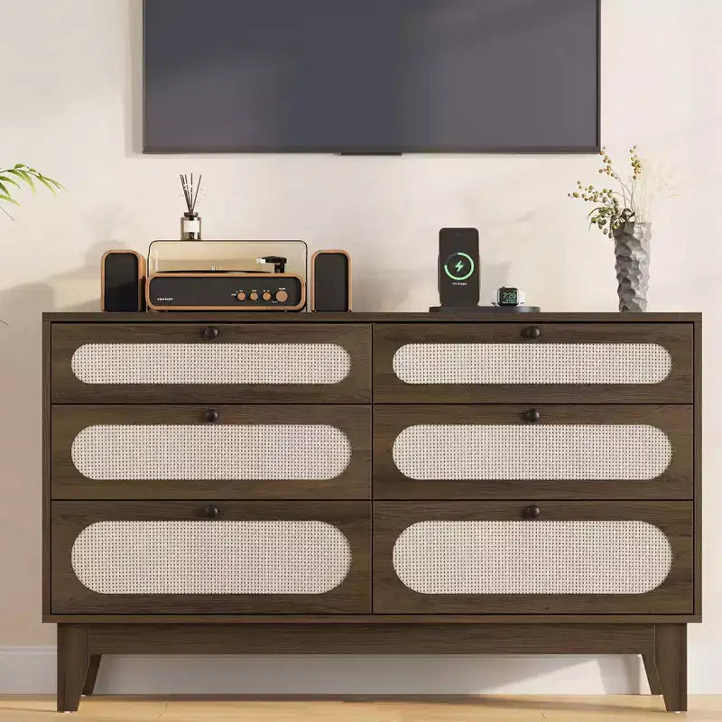 Cassettiera a 6 cassetti in rattan naturale con porte USB, Singola
