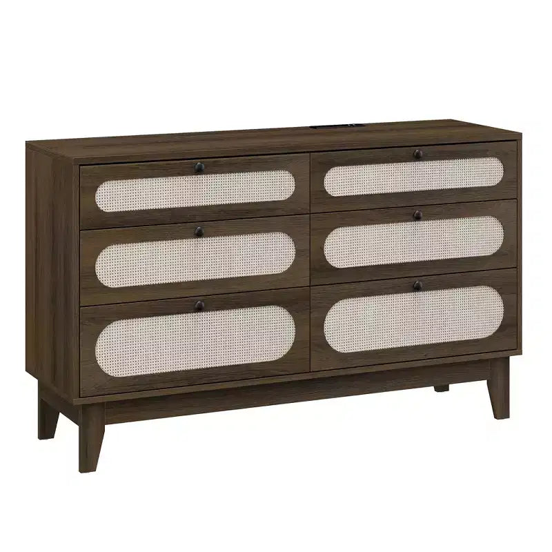 Cassettiera a 6 cassetti in rattan naturale con porte USB, Singola