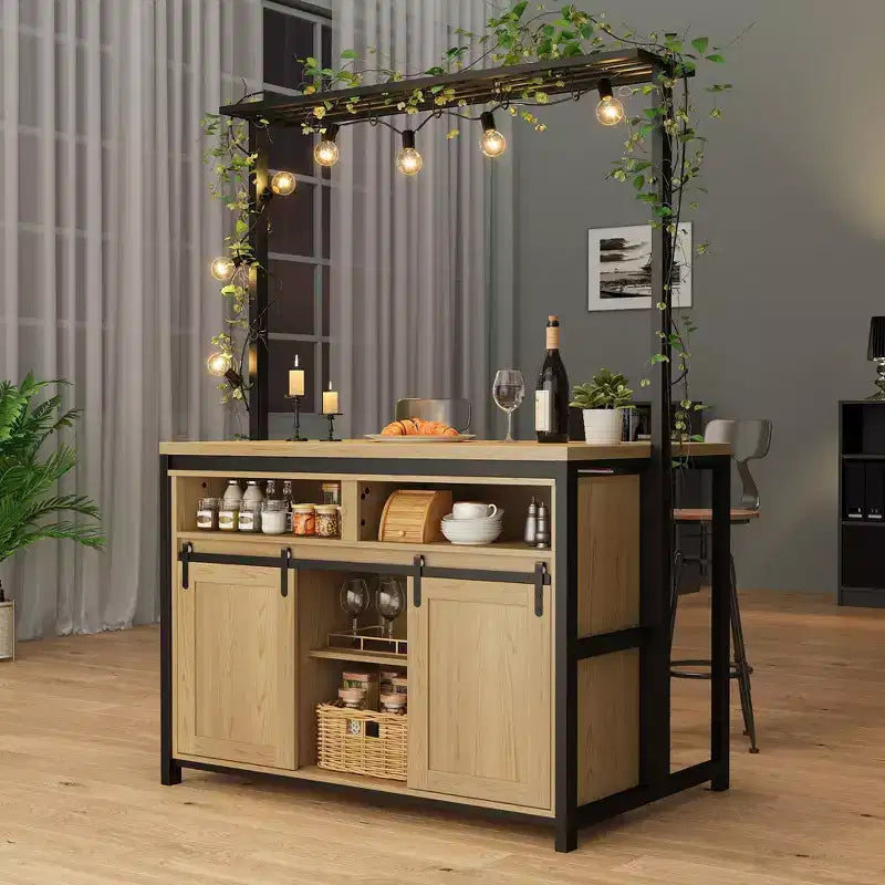 Isola da cucina in rovere naturale con ante scorrevoli a fienile, 1 persona