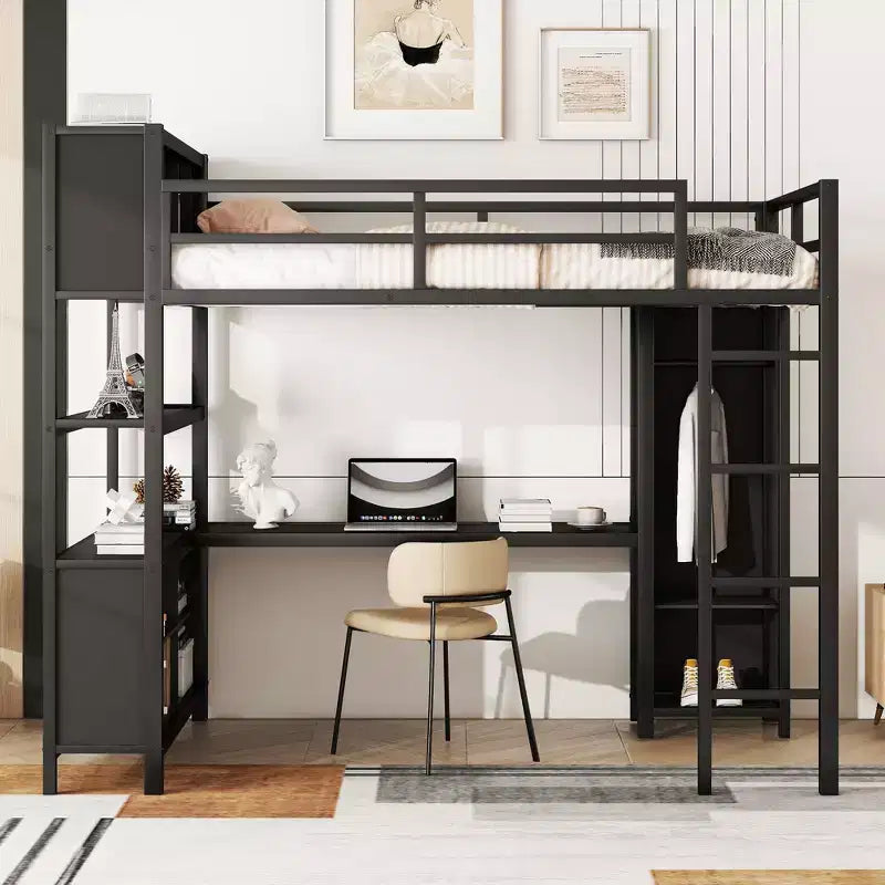 Letto a soppalco matrimoniale nero/bianco sporco con scrivania a L e armadio, per 1 persona