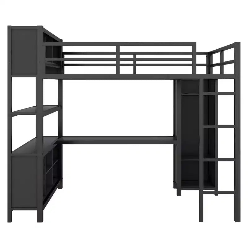 Letto a soppalco matrimoniale nero/bianco sporco con scrivania a L e armadio, per 1 persona