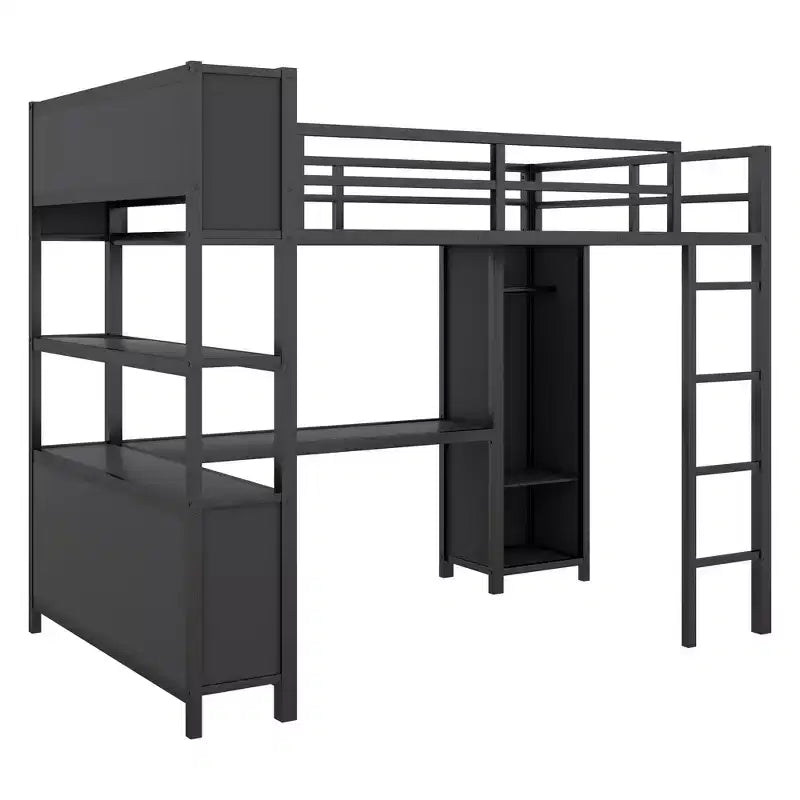 Letto a soppalco matrimoniale nero/bianco sporco con scrivania a L e armadio, per 1 persona