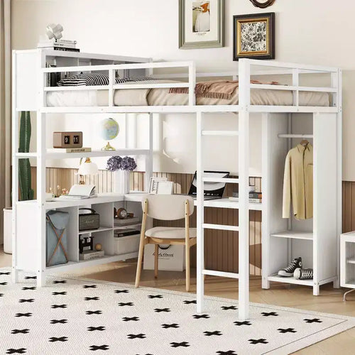 Okak Full Size Loft Bed with Wardrobe & L-Shaped Desk,Heavy Duty Metal Bunk Beds with Storage Shelves,Modern Loft Beds for Teens & Adults