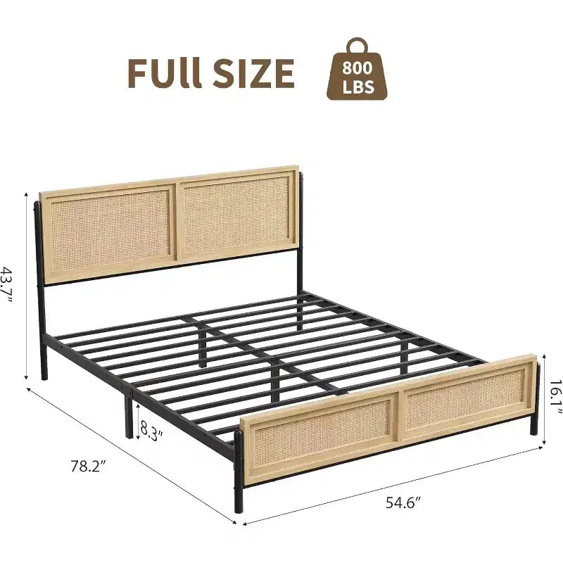 Struttura letto a piattaforma in rattan color legno con testiera e pediera – Matrimoniale/Queen, 2 persone