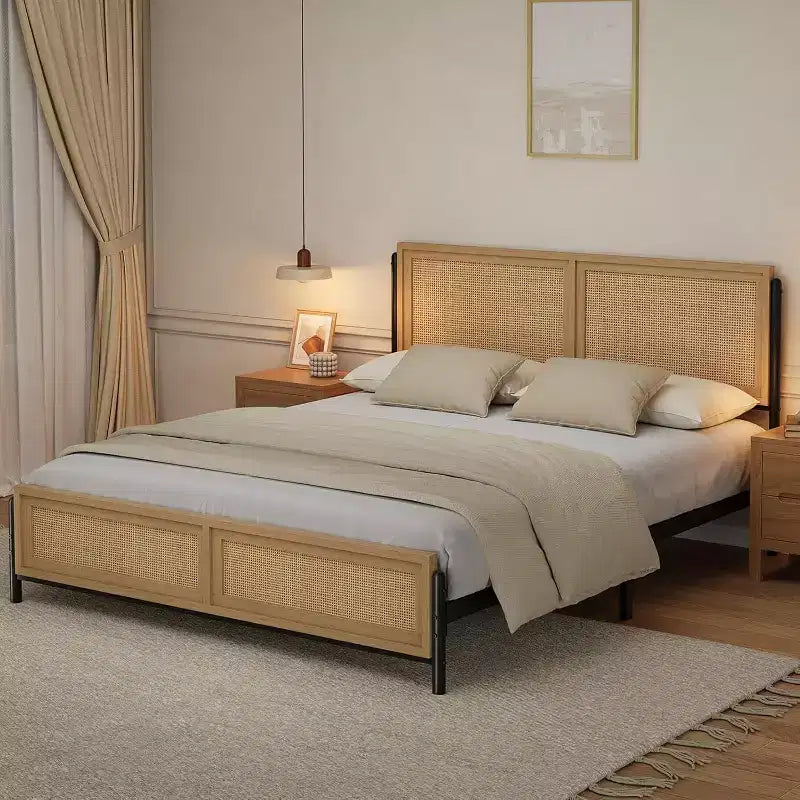 Struttura letto a piattaforma in rattan color legno con testiera e pediera – Matrimoniale/Queen, 2 persone