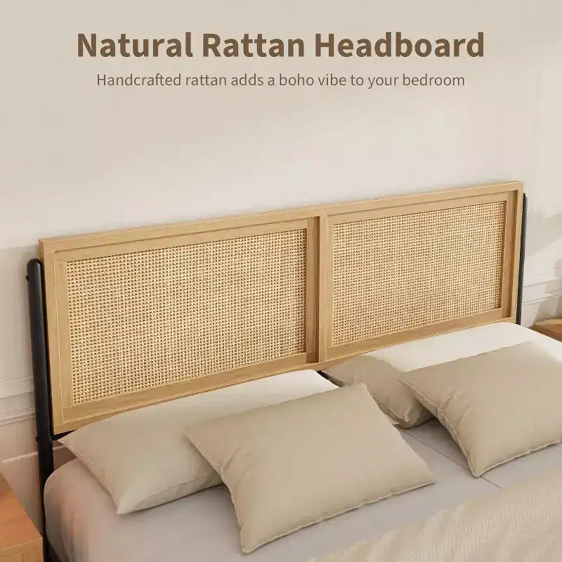 Struttura letto a piattaforma in rattan color legno con testiera e pediera – Matrimoniale/Queen, 2 persone