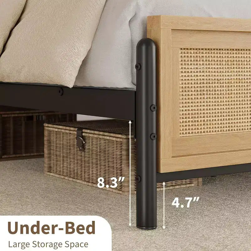 Struttura letto a piattaforma in rattan color legno con testiera e pediera – Matrimoniale/Queen, 2 persone
