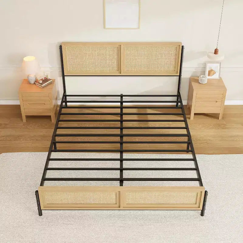 Struttura letto a piattaforma in rattan color legno con testiera e pediera – Matrimoniale/Queen, 2 persone