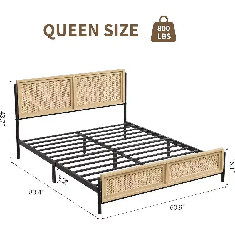 Struttura letto a piattaforma in rattan color legno con testiera e pediera – Matrimoniale/Queen, 2 persone