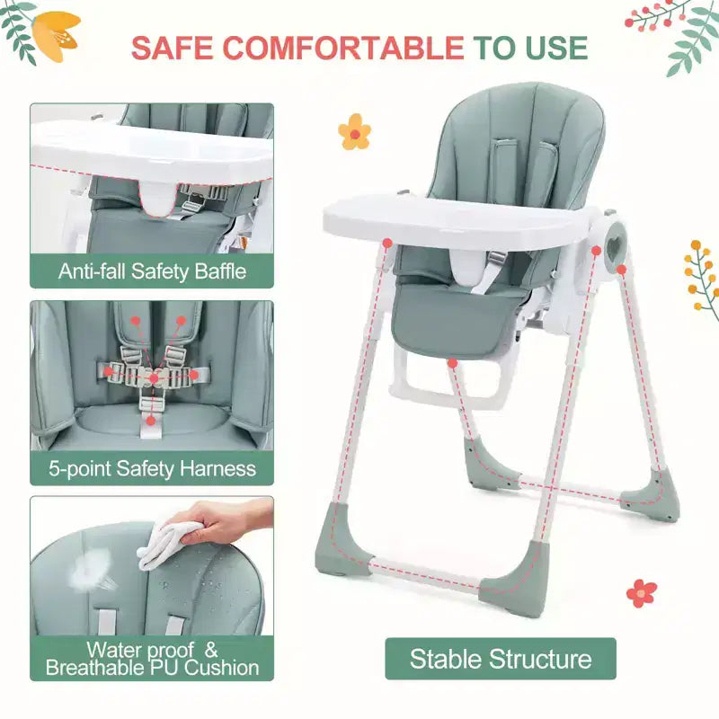 Seggiolone Pappa Pieghevole – Champagne / Verde / Grigio, Seduta 1 Posto