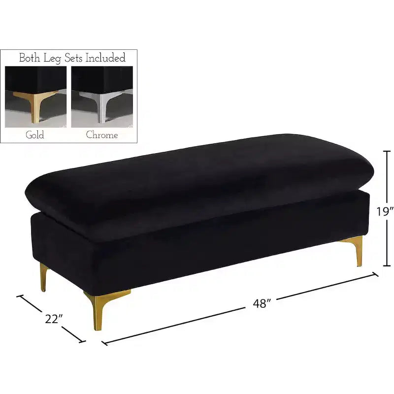 Pouf rettangolare in velluto nero, seduta singola, gambe color oro e cromo incluse