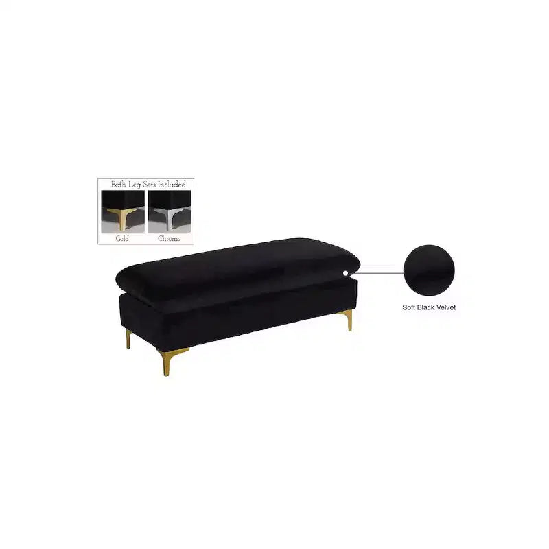 Pouf rettangolare in velluto nero, seduta singola, gambe color oro e cromo incluse