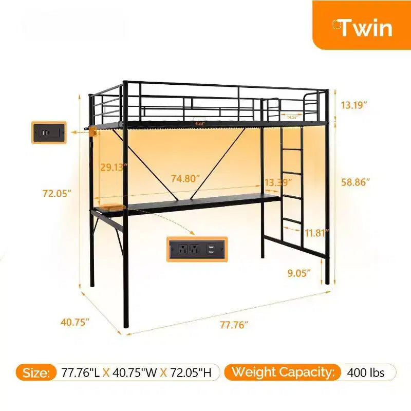 Letto a soppalco in metallo nero con scrivania e luci LED, per 1 persona, singolo/una piazza e mezza