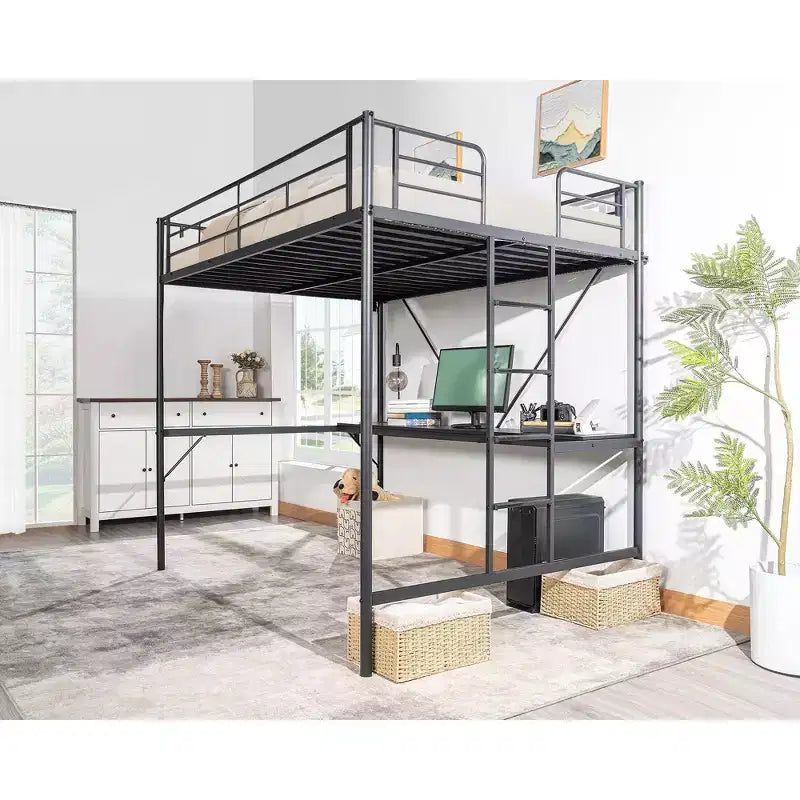 Letto a soppalco in metallo nero con scrivania e luci LED, per 1 persona, singolo/una piazza e mezza