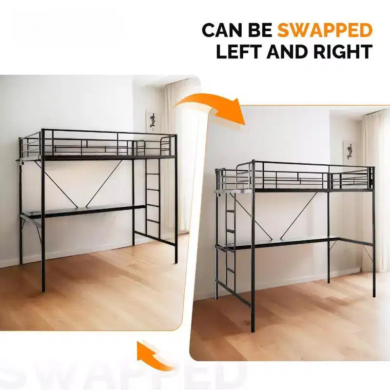 Letto a soppalco in metallo nero con scrivania e luci LED, per 1 persona, singolo/una piazza e mezza