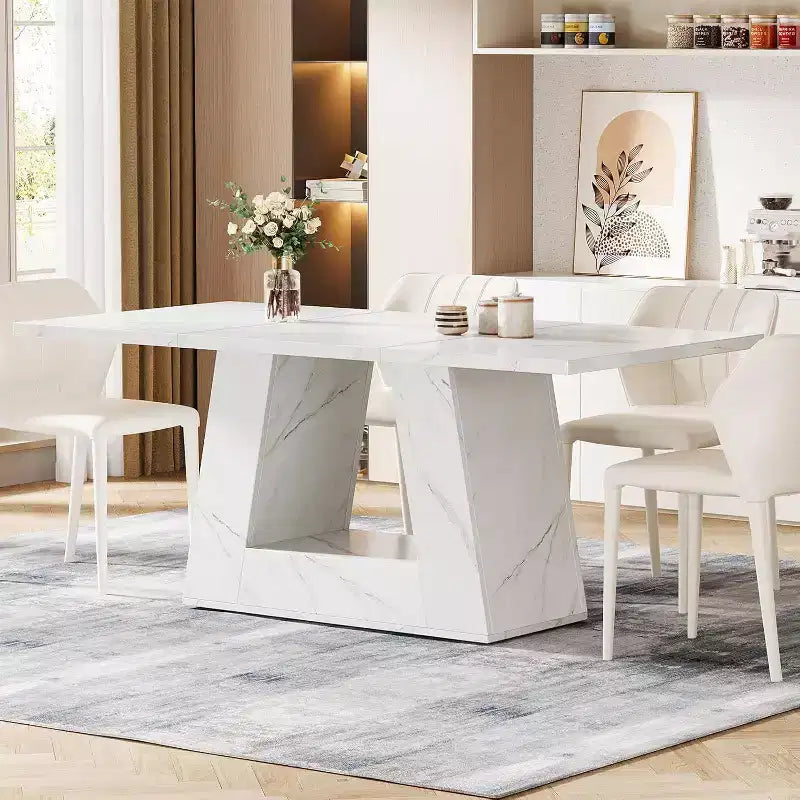 Tavolo da pranzo rettangolare con base a piedistallo, nero/marrone/bianco, 4 posti a sedere