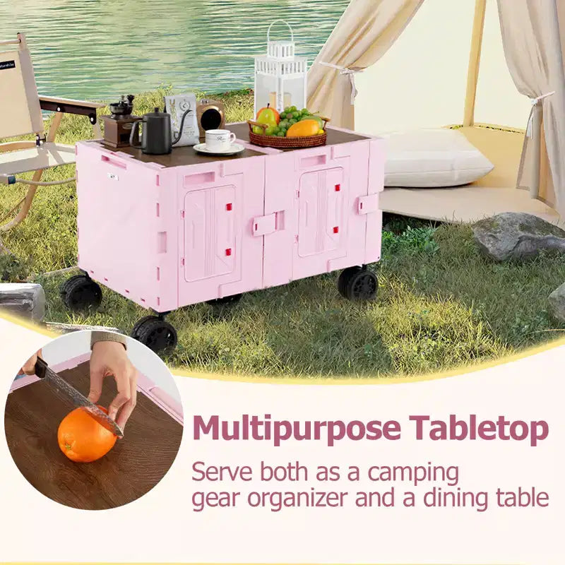 Carrello Utilità Pieghevole con 2 Ripiani Portaoggetti, 5 Ruote, Nero/Rosa/Bianco