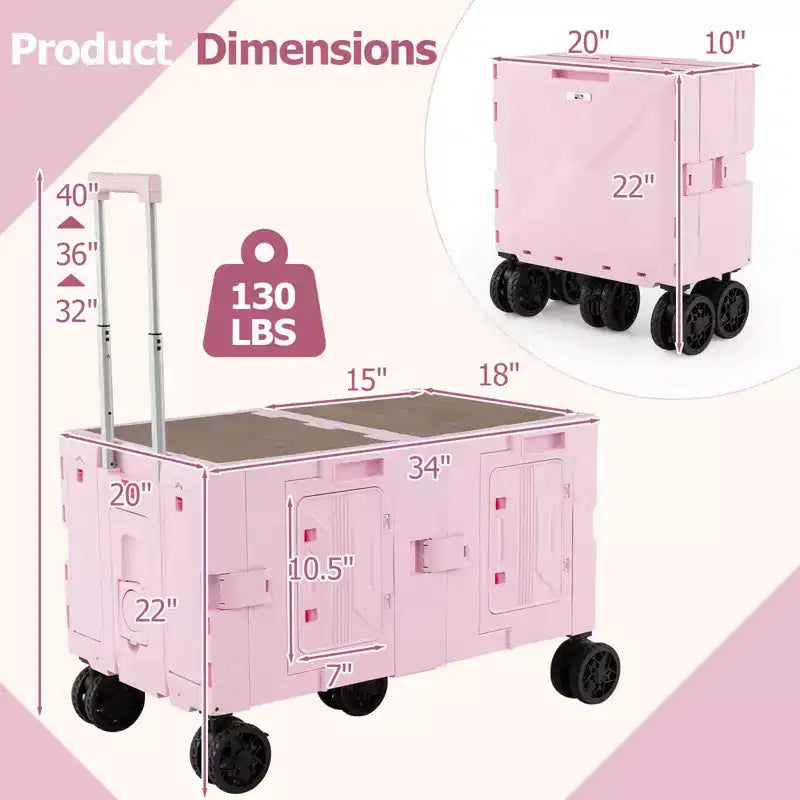 Carrello Utilità Pieghevole con 2 Ripiani Portaoggetti, 5 Ruote, Nero/Rosa/Bianco