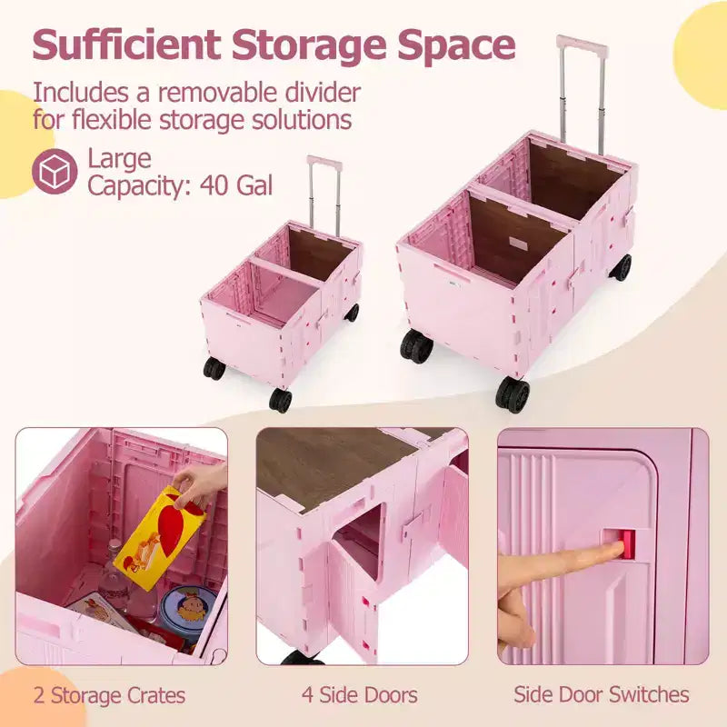 Carrello Utilità Pieghevole con 2 Ripiani Portaoggetti, 5 Ruote, Nero/Rosa/Bianco