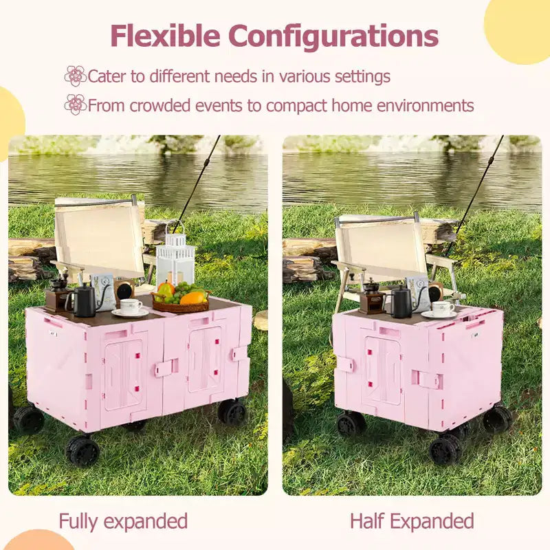 Carrello Utilità Pieghevole con 2 Ripiani Portaoggetti, 5 Ruote, Nero/Rosa/Bianco
