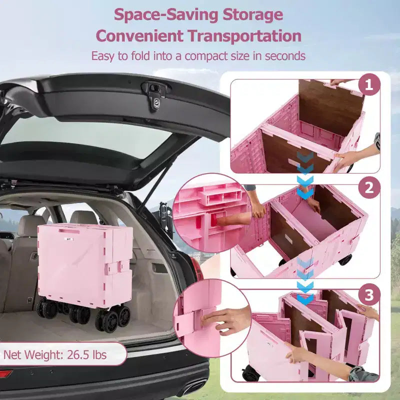 Carrello Utilità Pieghevole con 2 Ripiani Portaoggetti, 5 Ruote, Nero/Rosa/Bianco