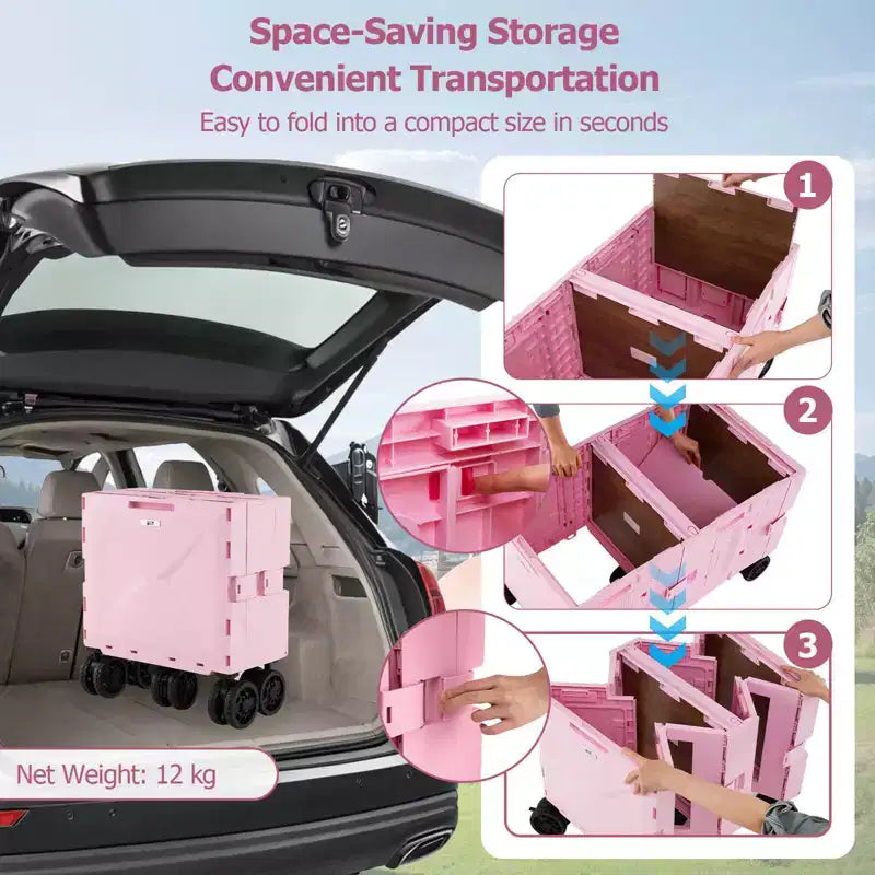 Carrello Utilità Pieghevole con 2 Ripiani Portaoggetti, 5 Ruote, Nero/Rosa/Bianco