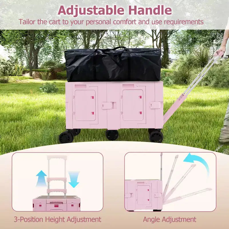 Carrello Utilità Pieghevole con 2 Ripiani Portaoggetti, 5 Ruote, Nero/Rosa/Bianco
