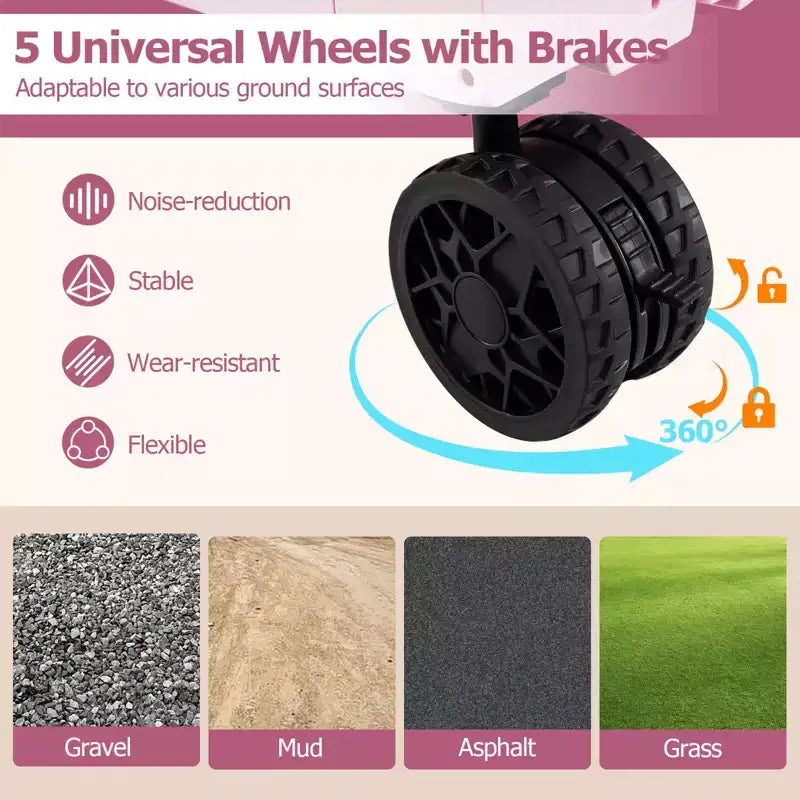 Carrello Utilità Pieghevole con 2 Ripiani Portaoggetti, 5 Ruote, Nero/Rosa/Bianco
