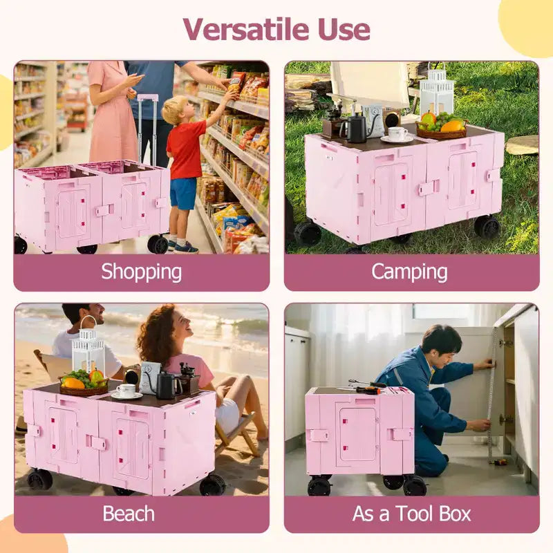 Carrello Utilità Pieghevole con 2 Ripiani Portaoggetti, 5 Ruote, Nero/Rosa/Bianco