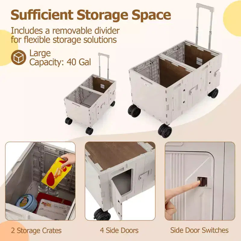 Carrello Utilità Pieghevole con 2 Ripiani Portaoggetti, 5 Ruote, Nero/Rosa/Bianco