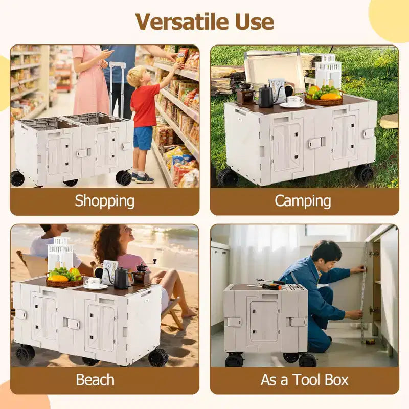 Carrello Utilità Pieghevole con 2 Ripiani Portaoggetti, 5 Ruote, Nero/Rosa/Bianco