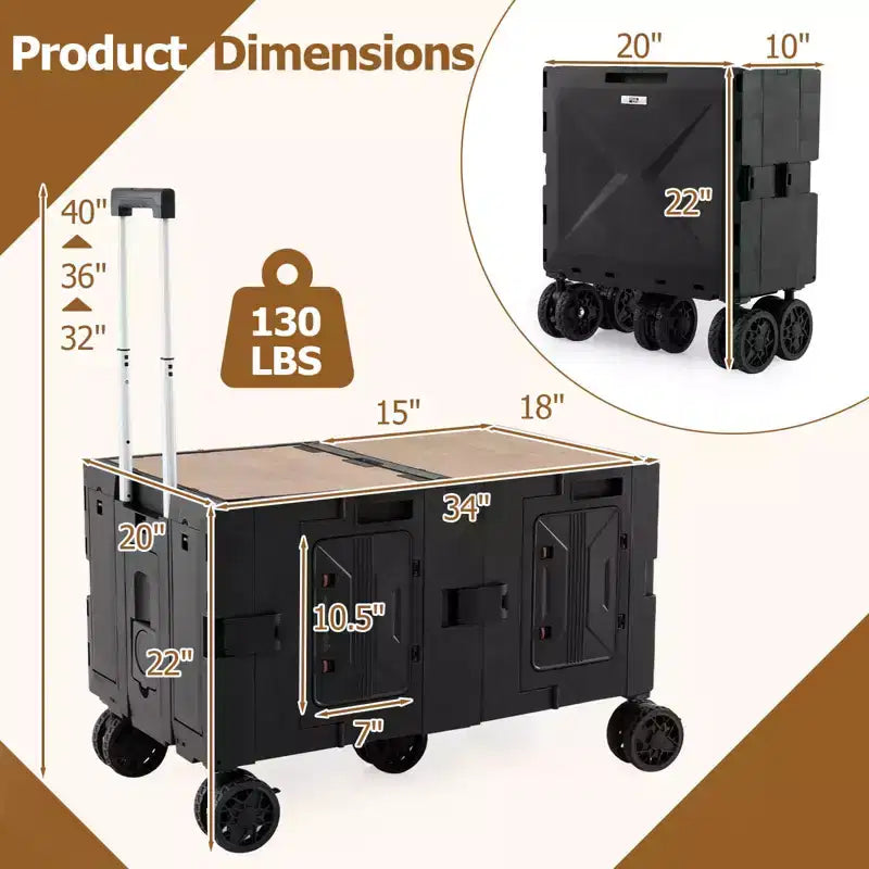 Carrello Utilità Pieghevole con 2 Ripiani Portaoggetti, 5 Ruote, Nero/Rosa/Bianco