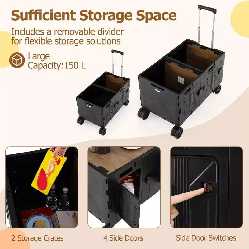 Carrello Utilità Pieghevole con 2 Ripiani Portaoggetti, 5 Ruote, Nero/Rosa/Bianco