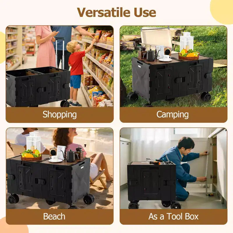 Carrello Utilità Pieghevole con 2 Ripiani Portaoggetti, 5 Ruote, Nero/Rosa/Bianco