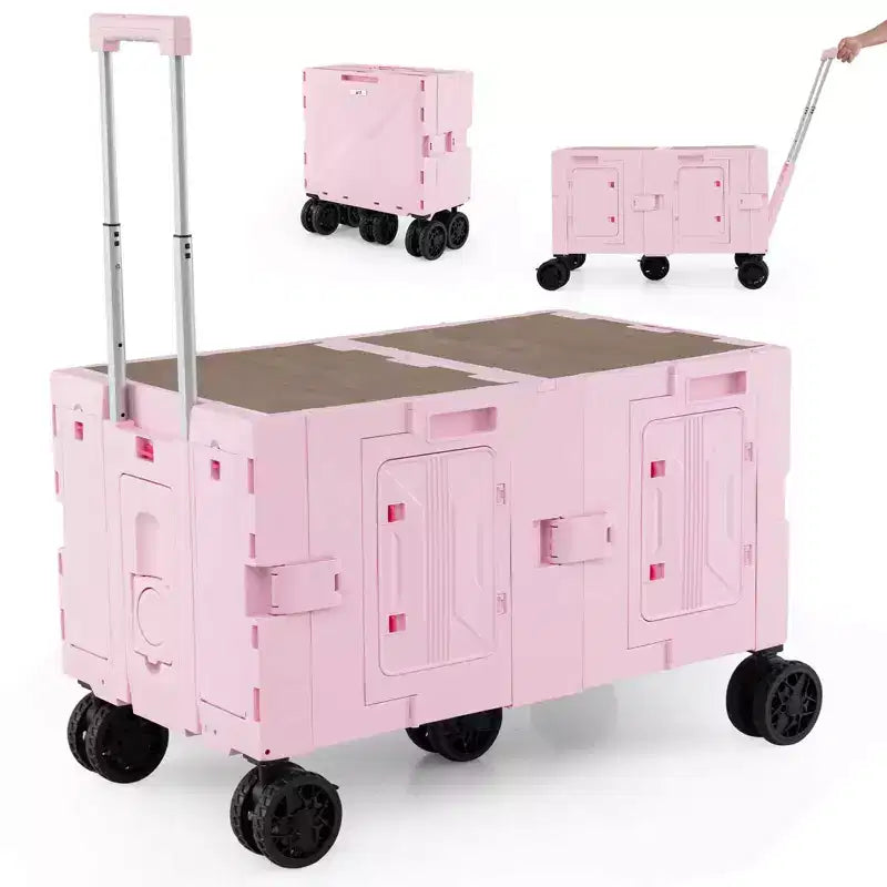 Carrello Utilità Pieghevole con 2 Ripiani Portaoggetti, 5 Ruote, Nero/Rosa/Bianco