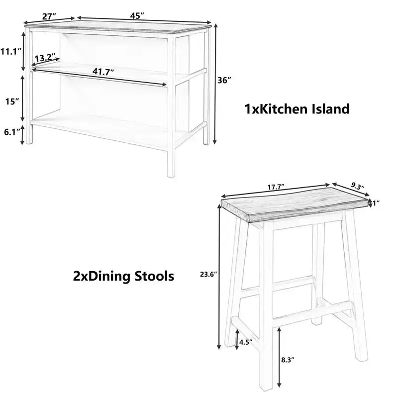 Set isola cucina quadrato marrone per 2 persone, in legno massello