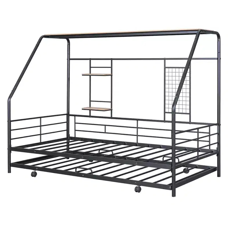 Telaio letto in metallo in stile "casa" bianco/nero con mensola, singolo/una piazza e mezza, per bambini e ragazzi