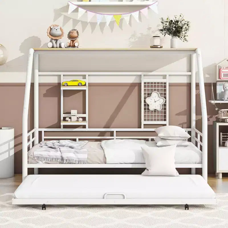 Telaio letto in metallo in stile "casa" bianco/nero con mensola, singolo/una piazza e mezza, per bambini e ragazzi