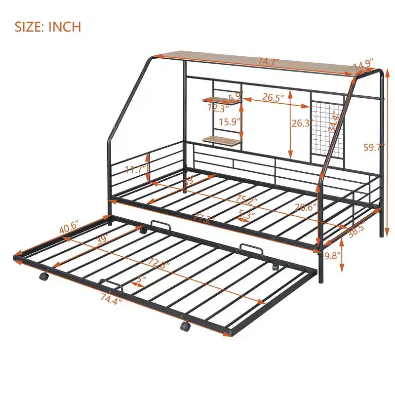 Telaio letto in metallo in stile "casa" bianco/nero con mensola, singolo/una piazza e mezza, per bambini e ragazzi