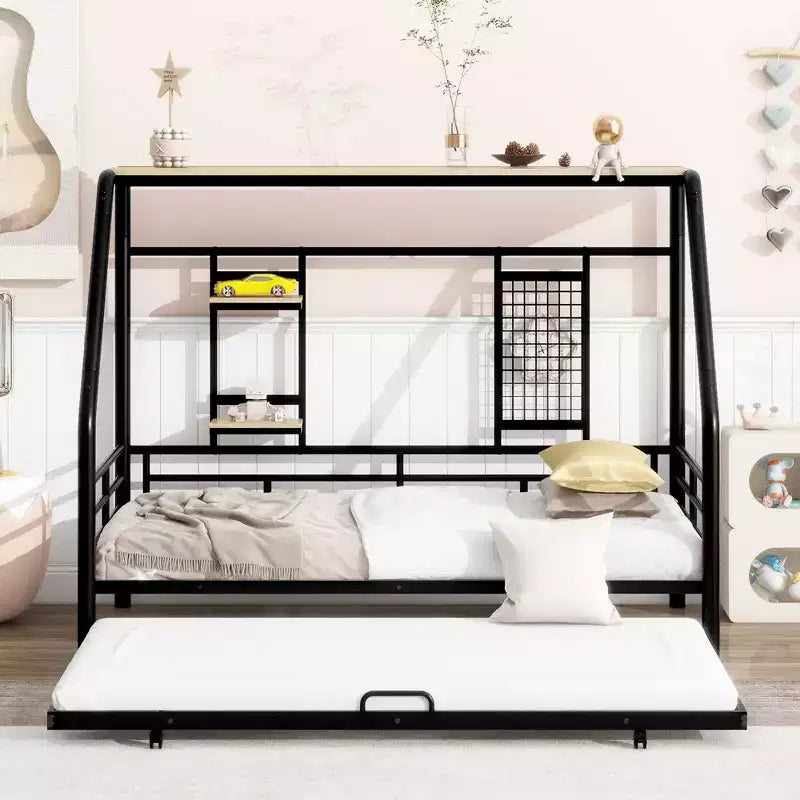 Telaio letto in metallo in stile "casa" bianco/nero con mensola, singolo/una piazza e mezza, per bambini e ragazzi