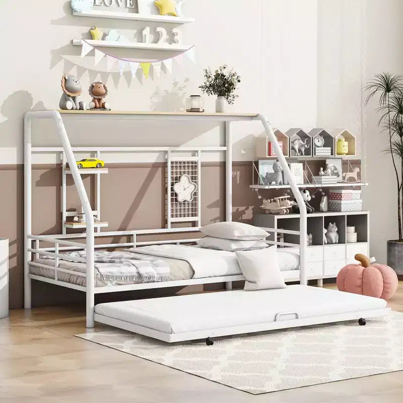 Telaio letto in metallo in stile "casa" bianco/nero con mensola, singolo/una piazza e mezza, per bambini e ragazzi