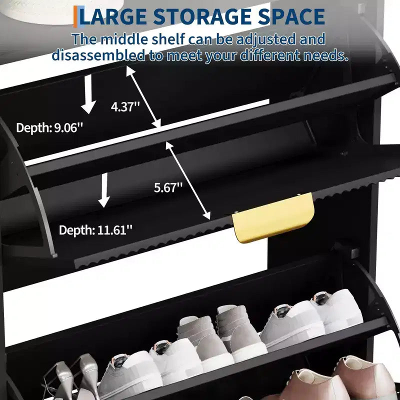 Scarpiera Nera con 2 Ante a Ribalta e Scanalature, per un Massimo di 20 Paia