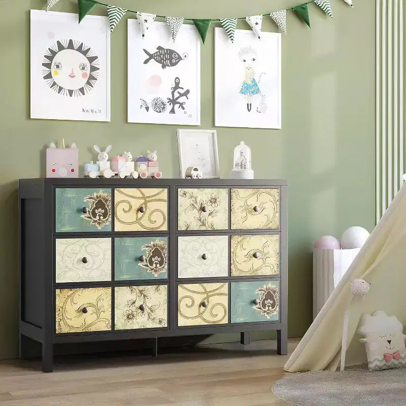 Cassettiera con 6 cassetti nera in stile retrò floreale da fattoria