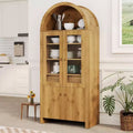 71in Tall Arched Pantry Cabinet, Farmhouse Kitchen Arched Bookcase Cupboard Storage Cabinets with a Hidden Drawer Adjustable Shelves, Natrual Oak
