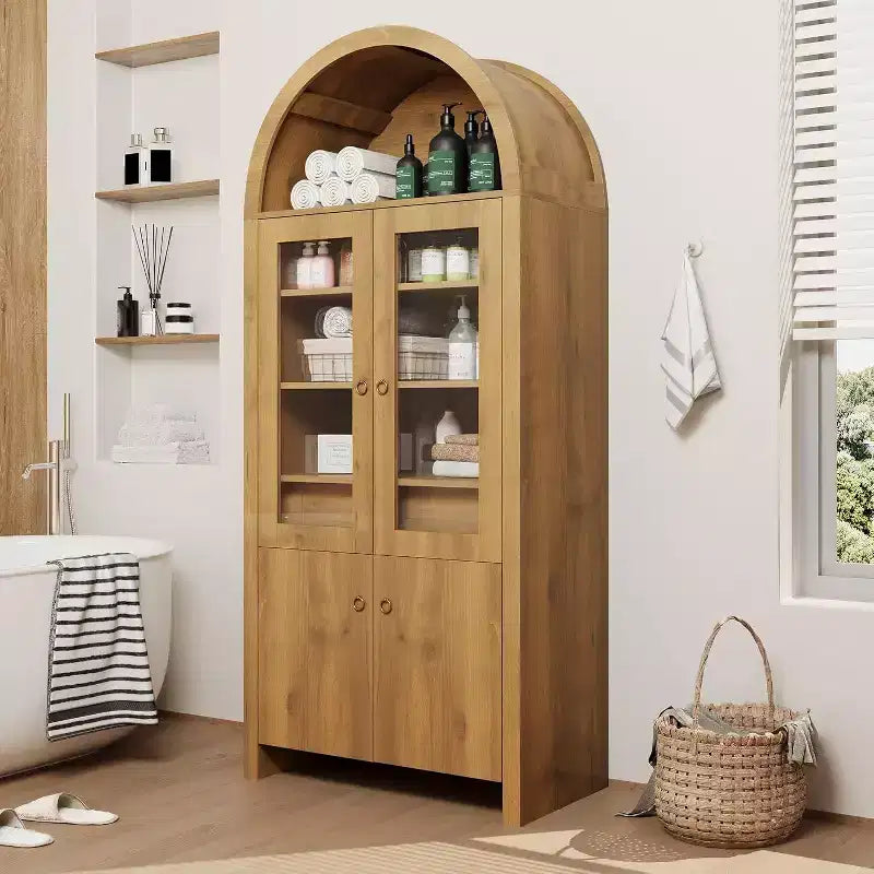 Dispensa ad arco in rovere naturale, stile rustico, contenitore a 2 ante con cassetto